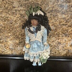 DanDee Porcelain Doll Victorian Dusty Blue Lace Dress Black Curly Hair